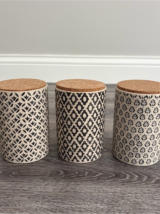 Cost Plus World Market Other - World Market Ceramic Canisters with Cork Lid Black & Cream Pattern Set of 3